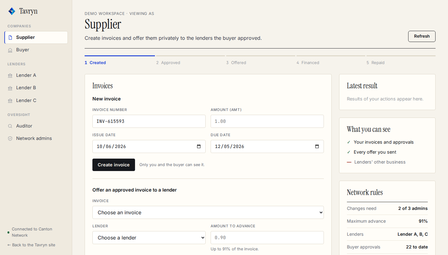 The supplier's page in the Tavryn app: a form to create an invoice and a form to offer it to a lender.